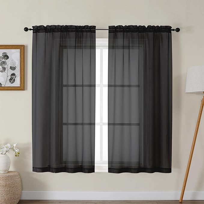 Gwine Black Sheer Curtains for Bedroom 54 inches Long 2 Panels, Light Filtering Voile Rod Pocket Curtains, Airy Transparent Sheer Drapes for Living Room, Each 42" Wx54 L