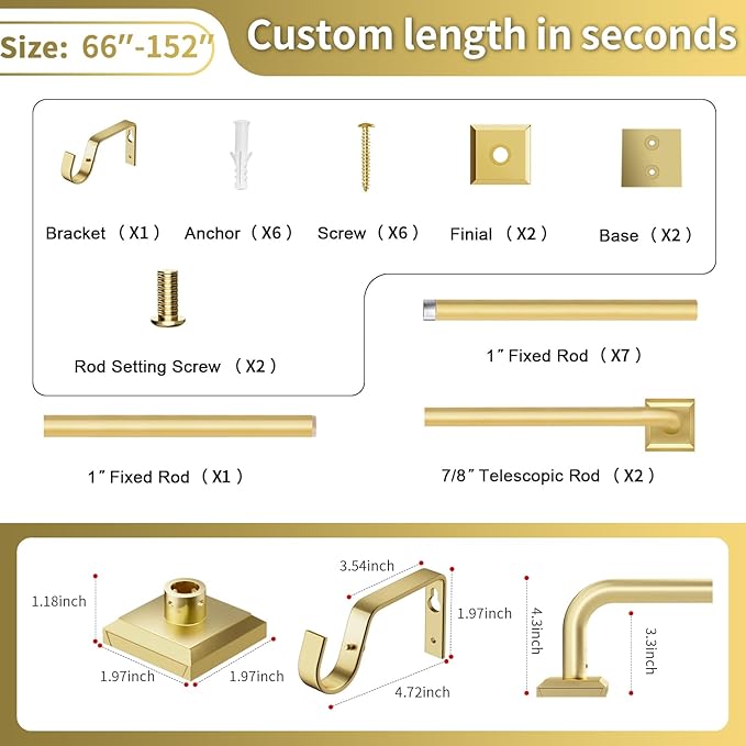 Gold Curtain Rods for Windows 66-152Inch(5.5-12.7ft) Heavy Duty Wrap Around Blackout Curtain Rods, Extra Long Adjustable Room Darkening Drapery Rod for Bedroom, Living Room & Outdoor Patio