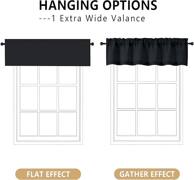 OVZME Black Valance for Windows, Light Filtering Faux Linen Textured Small Kitchen Valances for Windows, Dual Rod Pocket Farmhouse Short Curtain for Bathroom Basement, 60Wx18L inch, 1 Piece