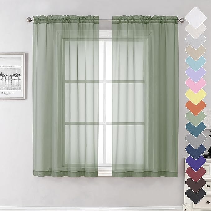 Lecloud Sage Green Sheer Curtains 63 Inch Long 2 Panels, Elegant Voile Drapes for Dinning Small Windows, Light Filtering Voile Curtain for Living Room Bedroom Bathroom, Dual Rod Pocket, 40" Wx63 L