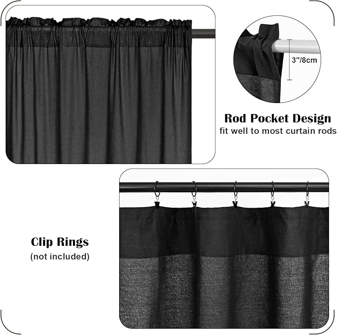 Boho Kitchen Curtains 36 Inch Length, Farmhouse Cotton Linen Tier Curtains, Rustic Button Short Curtains for Windows, Black Country Cafe Curtains, Rod Pocket Small Window Curtains for Kitchen, 26x36