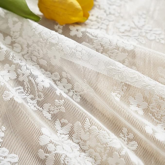 YJ YANJUN Vintage Lace Curtains 36 Inch Length-Victorian Floral Pattern Ivory Country Cafe Sheer Curtains for Kitchen & Bathroom, Short Light Filtering Drapes, 2 Panels 26W x 36L Cream