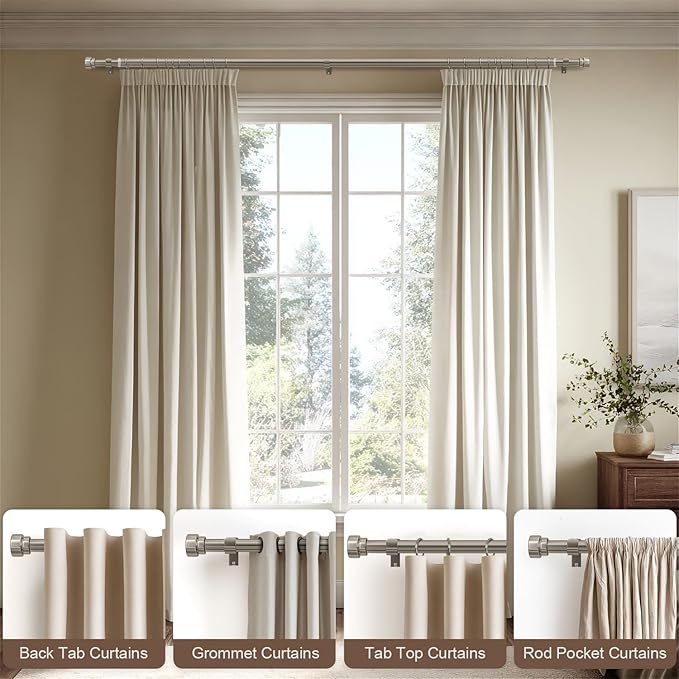 Lootkell Modern Brushed Nickel Curtain Rods for Windows 48 to 84 Adjustable Length Heavy Duty 1" Diameter Window Curtain Rod with Solid Metal Finials for Outdoor Farmhouse Bedroom Kitchen Living Room