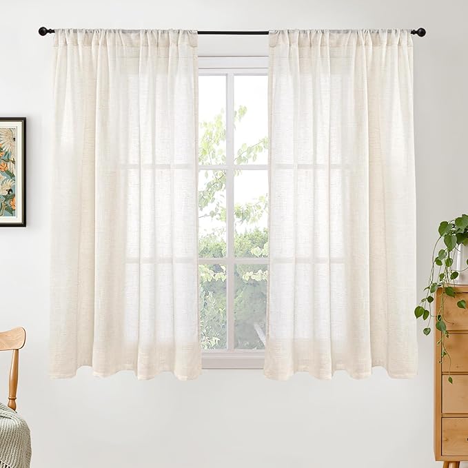 BGment Beige Semi Sheer Linen Curtains 45 Inch Length for Short Kitchen Window - Cream Textured Drapes Light Filtering with Rod Pocket Lightweight for Bathroom, 2 Panels, Each Panel 42 Inch Wide