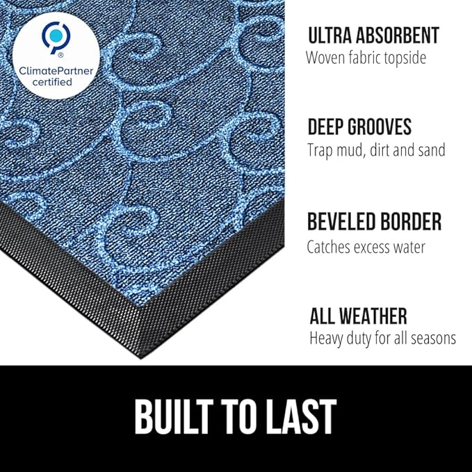 GORILLA GRIP 100% Waterproof All-Season WeatherMAX Doormat 35x23, US Designed Natural Rubber, Stain and Fade Resistant, Low Profile Indoor Outdoor Door Mats, Easy Clean Patio Mat, Ocean Blue Waves