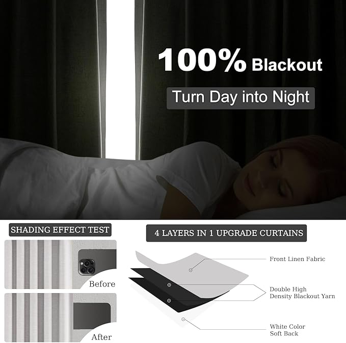 Topfinel 95 Inches Length Custom Blackout Linen Curtains Back Tab Pinch Pleated Noise Cancelling Curtains with Pin Hooks for Traverse Burlap Viral Drapes 2 Panels for Living Room Bedroom Grey
