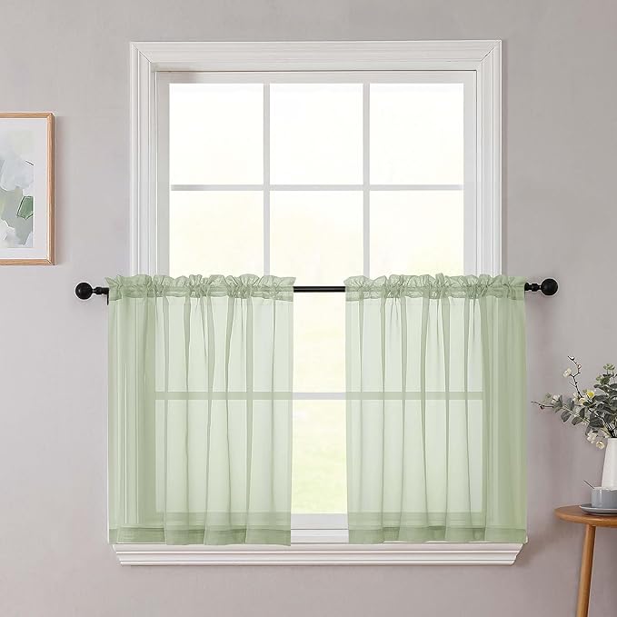 Kitchen Curtains 24 Inch Length Tier 2 Pieces, Light Green Sheer Curtain Solid Soft Sheer Short Curtains for Windows, Cafe Bathroom Basement Rod Pocket Drapes, Each 42" Wx24 L Inches