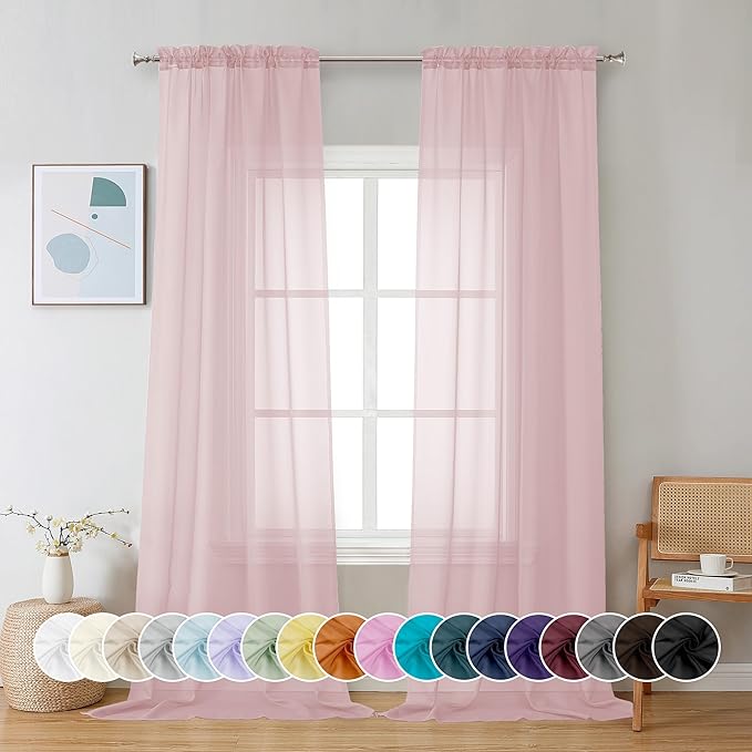 Chyhomenyc Sheer Valance Tiers Curtains 2 Panels, Elegant Light Filtering Rod Pocket Voile Window Treatment Drapes for Living Room Bedroom Bathroom Farmhouse Patio Wedding, 42Wx96L, Blush Pink