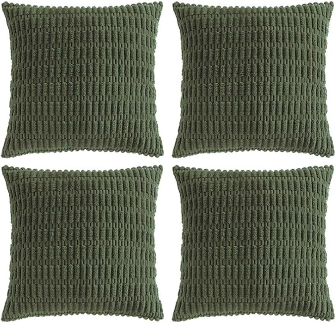 Fancy Homi 4 Packs Boho Olive Green Decorative Throw Pillow Covers 18x18 Inch for Couch Bed Sofa, Rustic Modern Farmhouse Home Decor, Soft Plush Corduroy Cute Square Cushion Case 45x45 cm