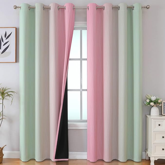 Estelar Textiler Sage Green and Pink Ombre Blackout Curtains 96 Inches Long for Bedroom, Thermal Insulated Full Light Blocking Grommet Gradient Blackout Drapes for Living Room, 52Wx96L, 2 Panels