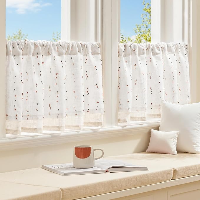 jinchan Kitchen Valance Curtain for Windows 16 Inch Mini Pom-Pom Double Layer Valance Linen Blend Country Window Treatment for Bedroom Living Room Light Filtering Rod Pocket 1 Panel Blush Meadow