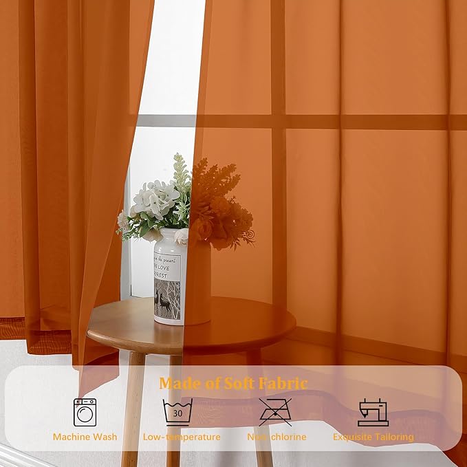 Gwine Burnt Orange Fall Sheer Curtains 96 Inches Long 2 Panels, Elegant Window Treatments Voile Curtains for Living Room, Light Filtering Rod Pocket Sheer Drapes, Each 42 Wx96 L