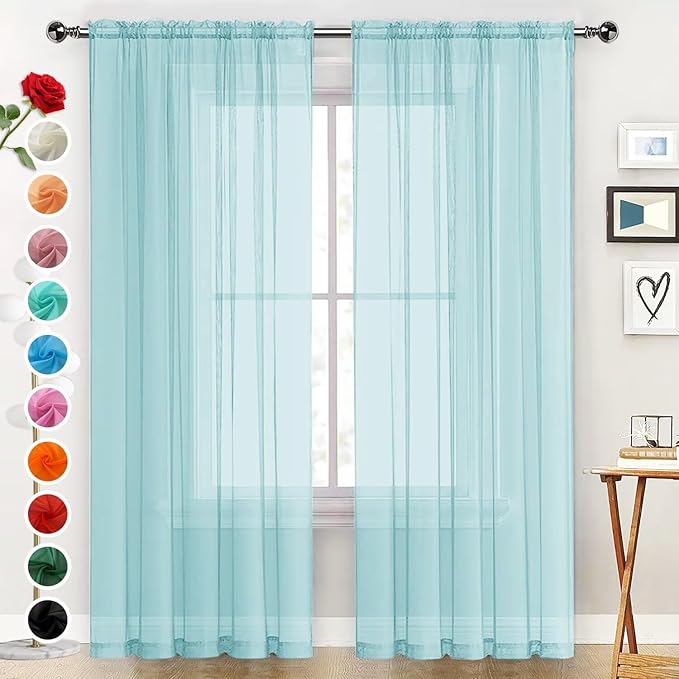 SpaceDresser Basic Rod Pocket Sheer Voile Window Curtain Panels Sky Blue 1 Pair 2 Panels 52 Width 54 Inch Long for Kitchen Bedroom Children Living Room Yard（Sky Blue, 52W x 54L）