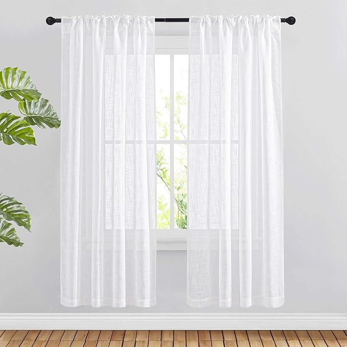 NICETOWN Country Linen Sheer Curtains 72 inches Long for Bedroom Window Treatments, Privacy Semitransparent Voile Sheer Drapes with Light Filtering for Living Room, 52 Inch Wide, White, Set of 2