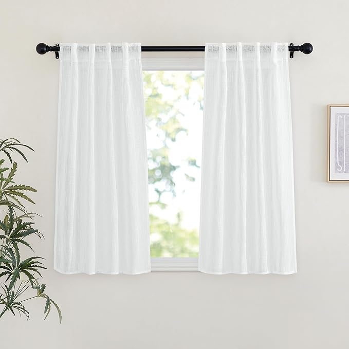 NICETOWN White Sheer Bathroom Curtains 48 inches Long, Rod Pocket & Back Tab Semi Sheer Faux Linen Privacy Window Treatments Light Filtering Drapes for Kitchen, W29 x L48, 2 Panels
