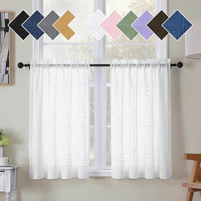 Simplebrand Sheer White Kitchen Curtains 36 Inch Length Tier Curtains 2 Panels, Light Filtering Geometric Jacquard Clip Textured Semi Sheer Short Window Curtains for Bathroom, 42x36 inch