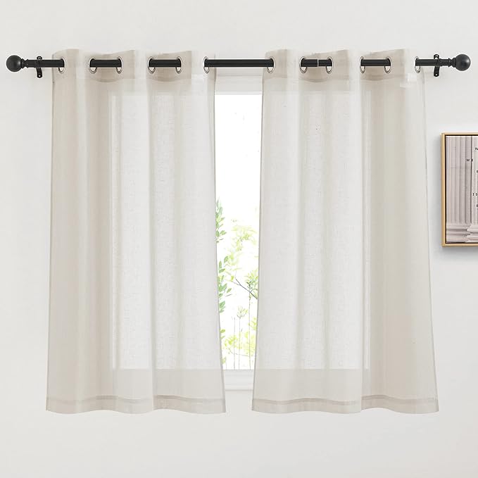 NICETOWN Short Linen Curtains for Kitchen, Grommet Small Window Curtains Linen Weave Window Treatment Privacy with Light Filtering for Cafe/Bathroom, Natural, W36 x L54, 2 Panels