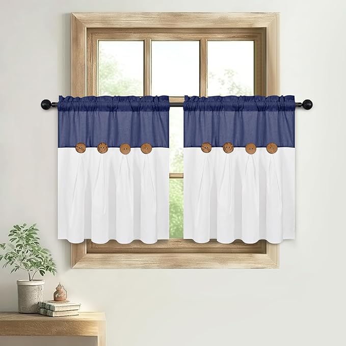 FRAMICS Boho Kitchen Curtains 24 Inch Length, Farmhouse Cotton Linen Tier Curtains, Rustic Button Short Curtain for Windows, Navy Blue Country Cafe Curtain, Rod Pocket Small Window Tiers, 26x24