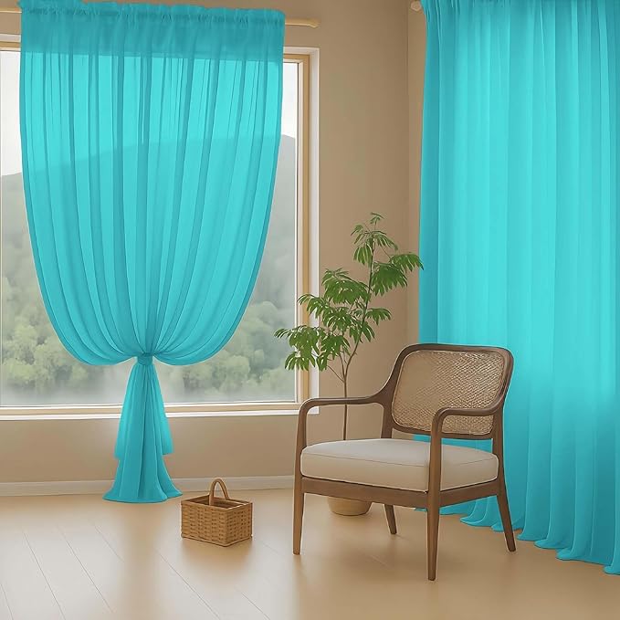 Turquoise Sheer Curtains 63 Inch Length 2 Panels, Voile Sheer Curtain for Living Room, Breathable Light Filtering Modern Window Treatments, Soft Fabric Dual Rod Pocket Drapes, 2x42Wx63L Inches
