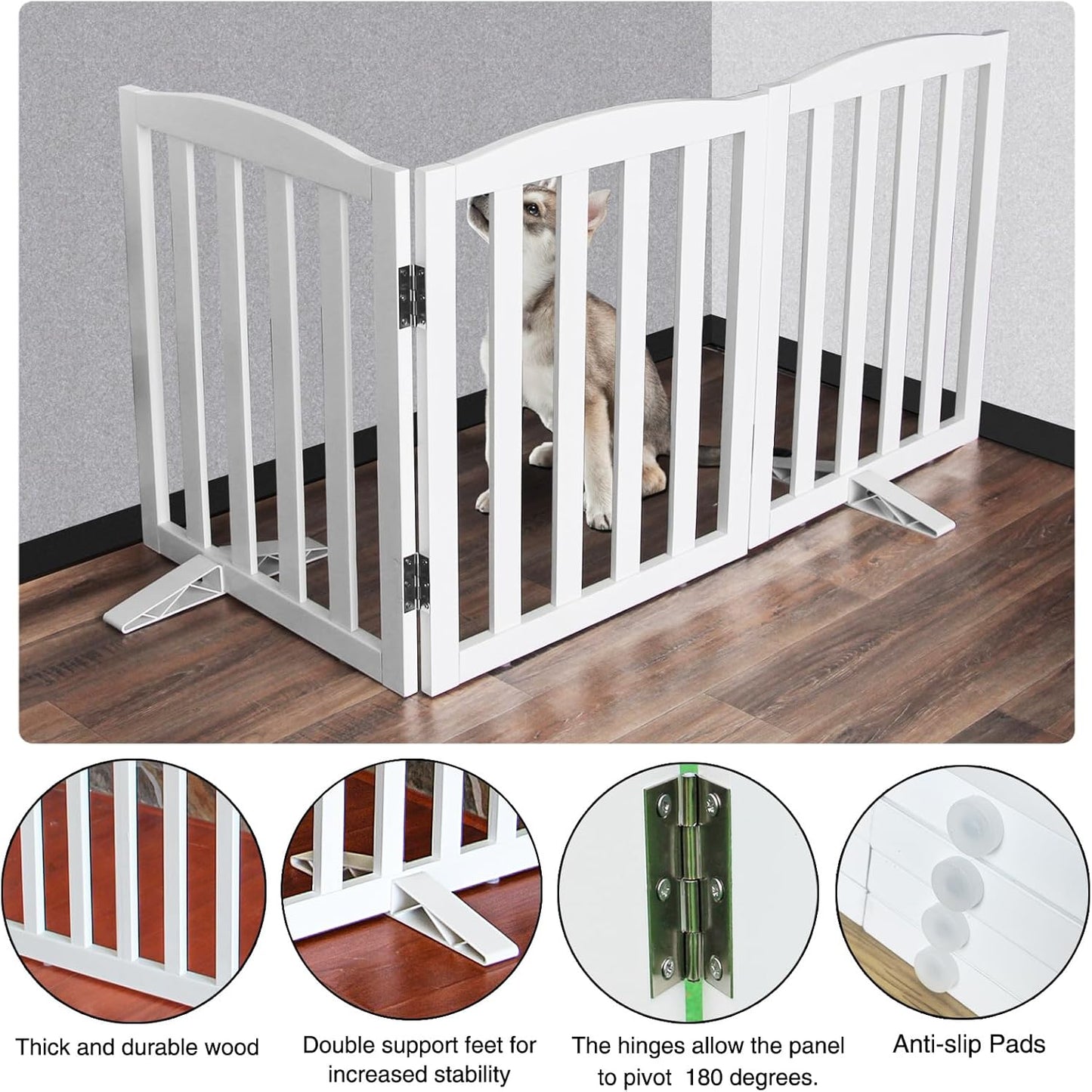 ZJSF Foldable Freestanding Indoor Dog Gate for House Wood White Long Pet Gates Dog Fence for Stairs Puppy Gates for Hallways,Pet Fence, Puppy Gate,Support Feet Included 32 "Height-3 Panels
