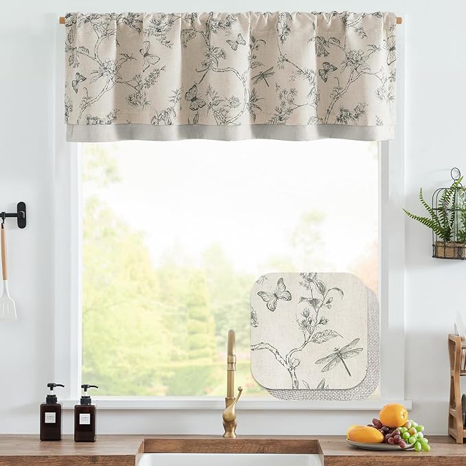 jinchan Floral Curtain Valance for Windows 16 Inch Linen Valance for Kitchen Living Room Rustic Cottage Farmhouse Flower Butterfly Curtain Rod Pocket 1 Panel Double Layer Blackout Grey on Beige