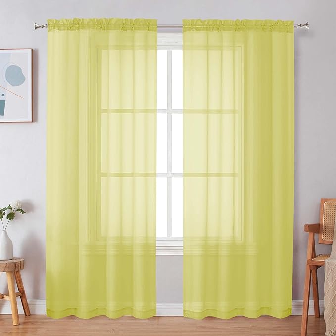 Simplebrand Lemon Sheer Curtains 72 Inches Long 2 Panels for Living Room, Rod Pockets Airy Window Treatments Voile Sheer Black Curtains Panels Lightweight for Front Back Patio Glass Door, 42" Width