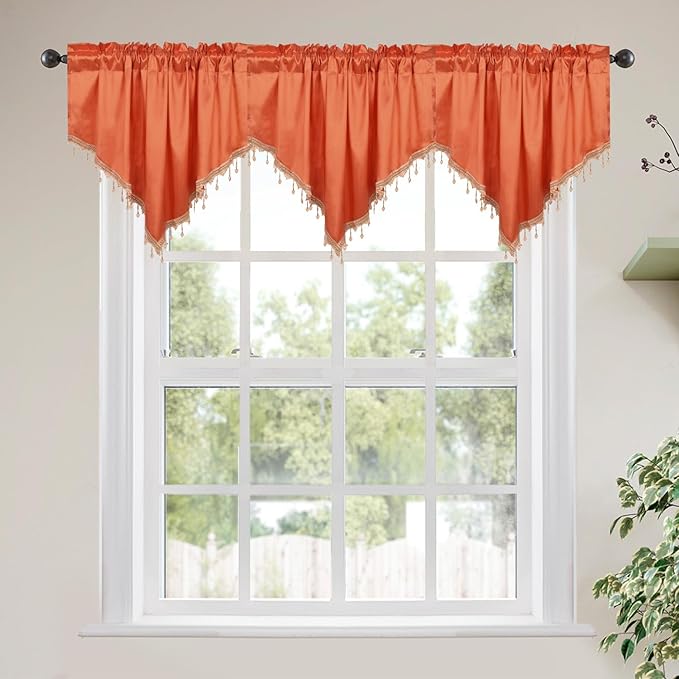 Molaxhome Swag Curtain 51 inch Length Rod Pocket Scalloped Curtain Valance Sheer Lace Panels with Hanging Crystal Beads for Kitchen Bedroom Window Treatments Drape Decor 1pc (Cloth Orange, 51Wx23L)