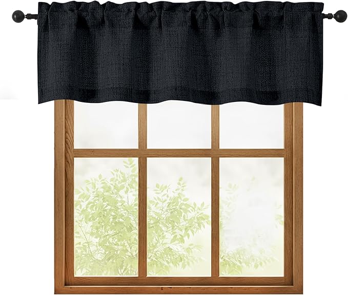OWENIE Black Valances for Windows 1 Pcs, Light Filtering Textured Farmhouse Short Small Valance Curtains for Bathroom Basement Living Room Bedroom, Rod Pocket Half Curtains Over Sink, 52Wx14L Inch