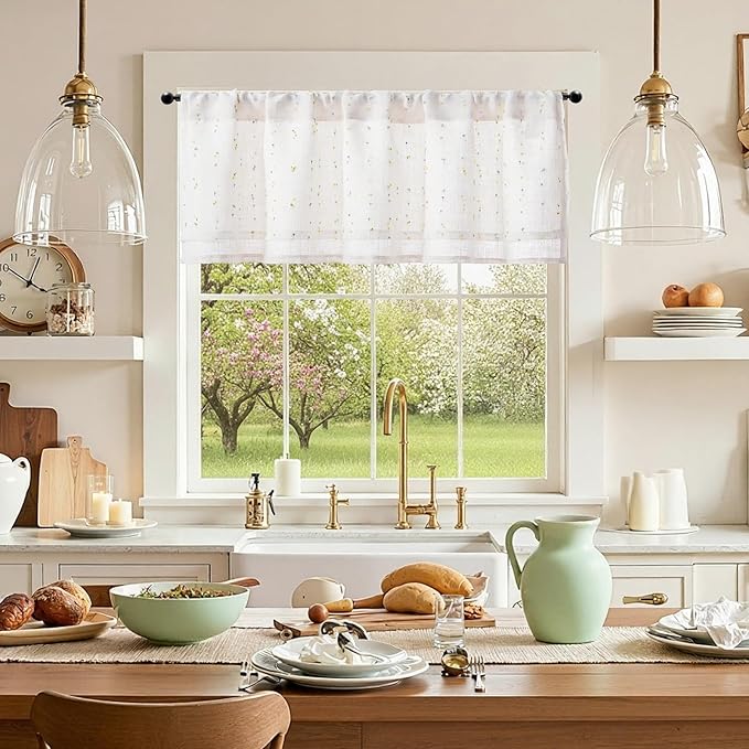 jinchan Kitchen Valance Curtain for Windows 16 Inch Mini Pom-Pom Double Layer Valance Linen Blend Country Window Treatment for Bedroom Living Room Light Filtering Rod Pocket 1 Panel Sunlit Grove