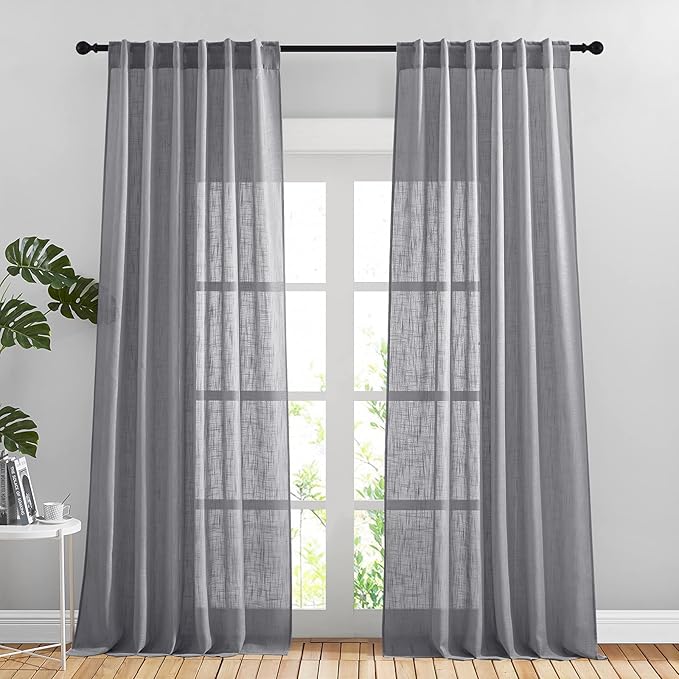 NICETOWN Linen Sheer Curtains for Living Room, Rod Pocket & Back Tab Semi Sheer Linen Curtain Drapes Privacy with Light Filter for French Door/Bedroom (2 Panels, W52 x L95, Dark Grey)