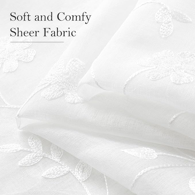 HOMEIDEAS White Sheer Curtains 63 Inch Length 2 Panels White Embroidered Floral Pattern Semi Sheer Window Curtains for Bedroom Living Room