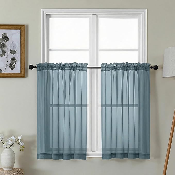 Gwine Short Kitchen Sheer Curtains 36 Inch Length - Light Filtering Voile Small Half Window Curtain for Basement, Rod Pocket Cafe Curtains for Bathroom Cabinet, 42Wx36L Inch, 2 Panels, Dusty Blue