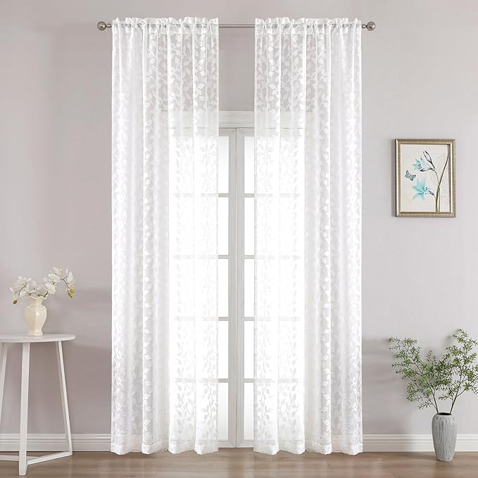 Chyhomenyc White Sheer Curtains 96 Inch Length 2 Panels Set, Light Filtering Tufted Textured Soft Airy Rod Pocket Gentle Leaf Window Treatment Drapes for Bedroom Living Room, 42" Wx96 L, 2PCS