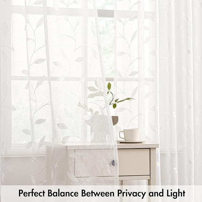 MIULEE White Sheer Curtains 2 Panels Embroidered Leaf Patterned Rod Pocket Floral Semi Sheer Faux Linen Window Curtains Drapes Set for Living Room Bedroom Dining Room, 52x63 Inches Length
