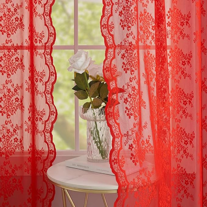 YJ YANJUN Vintage Lace Curtains 45 Inch Length Victorian Floral Pattern Red Sheer Curtain Panels for Living Room Bedroom,Light Filtering, Xmas Gift for Holiday Decor 2 Panels 52W x 45L