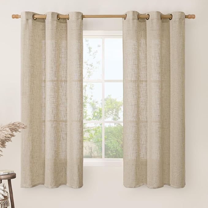 LAMIT 60 Inch Sheer Linen Curtains for Bedroom 2 Panels Set, Brown Light Filtering Boho Panels Bronze Grommet Short Window Drapes for Kitchen/Small Windows, 34 x 60 Inch