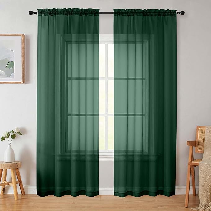 Hunter Green Sheer Curtains 84 Inches Long 2 Panels, Soft Airy Light Filtering Curtains for Bedroom Living Room, Rod Pocket Privacy Drapes Window Treatments, Hunter Green, Total Wide 84 Inch