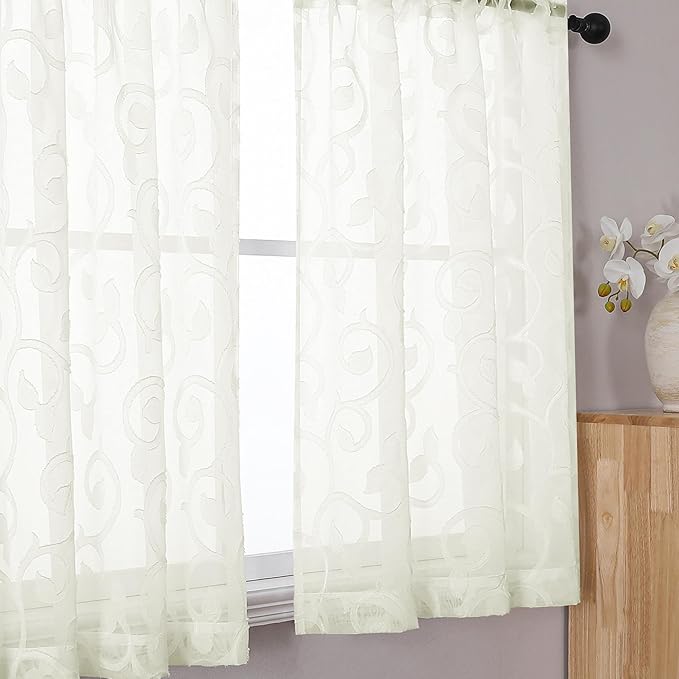 OWENIE Furman Cafe Curtains 30 Inch Length 2 Panels Set, Elegant Geometric Jacquard Short Sheer CurtainsTiers for Kitchen/Living Room/Bedroom Small Window 28" W x 30" L, Dusty Blue