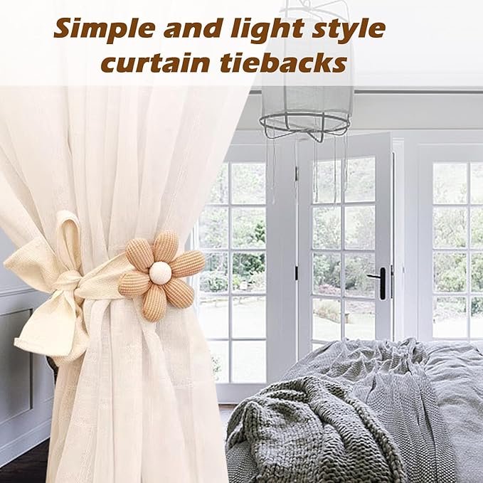 SRG 4PCS Curtain Tiebacks | Boho Flower Curtain Holdbacks | Simple Elegant Sunflower Curtain Holders | Boho Bedroom Decor（2Pcs Cream&2Pcs Khaki）