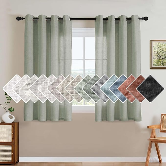 H.VERSAILTEX Living Room Linen Curtains - Semi Sheer, Nickel Grommet Energy Saving Light Filtering Window Treatments Panels for Bedroom, Sea Grass, 2 Panels, 52 x 96 Inch