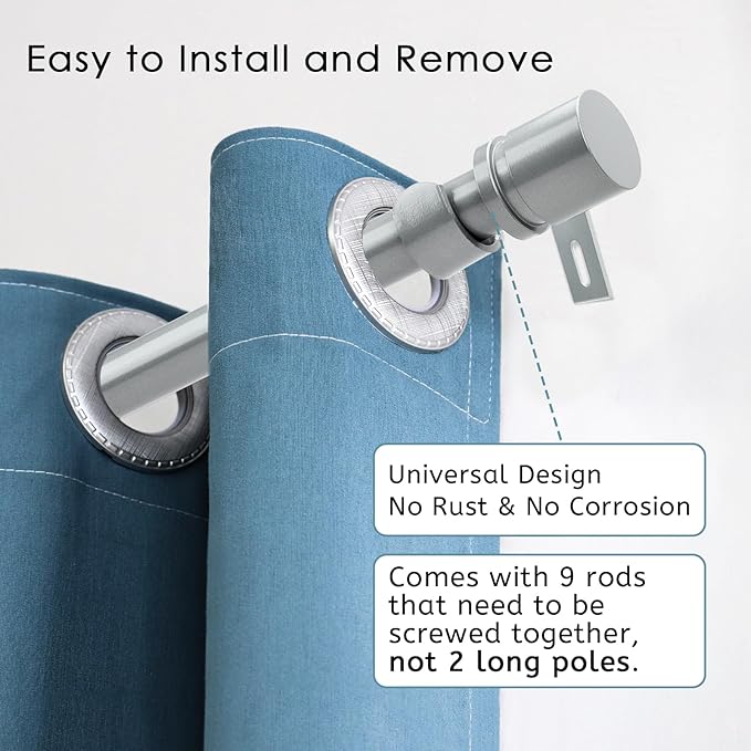 Byondeth Curtain Rods for Windows 16 to 144 Inches Adjustable Length 1 Inch Diameter Window Curtain Rod with Aluminium End Cap, Silver Gray