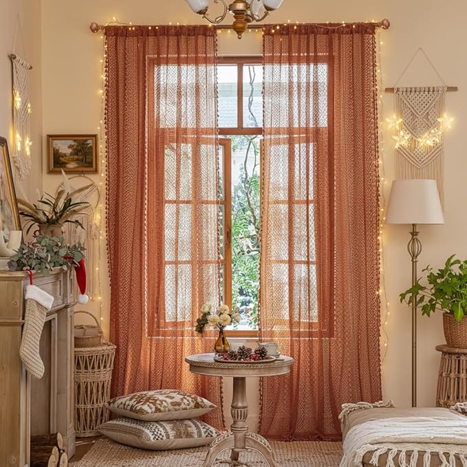 WAZZIO Boho Lace Curtains 80 Inches 2 Panel,Light Filtering Privacy Tassel & Geometry Crochet Semi Sheer Curtain Drapes for Bedroom Living Dining Room,Rod Pocket & Tassel,Full Decor,Burnt Orange