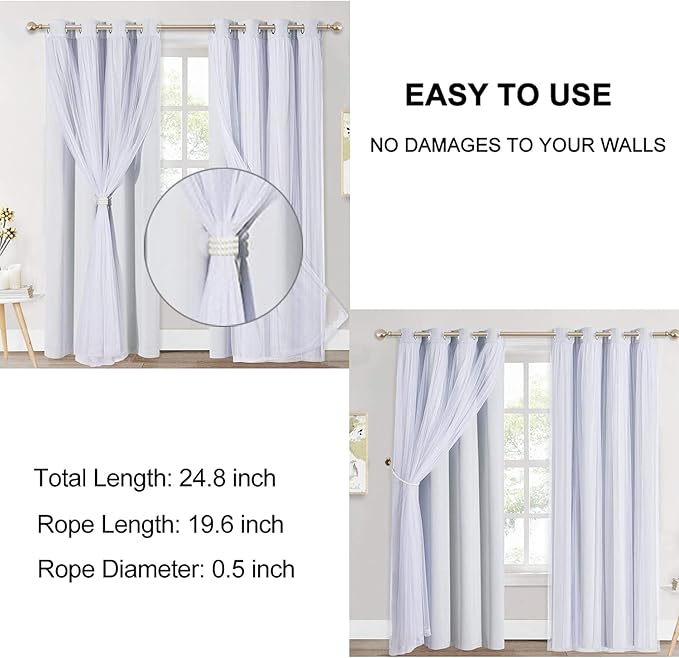Curtain Tiebacks Ropes, 6pcs Decorative Handmade Tie Backs Curtain Holdbacks Holders Cord for Window Sheer Drapes Indoor Outdoor, Ivory White