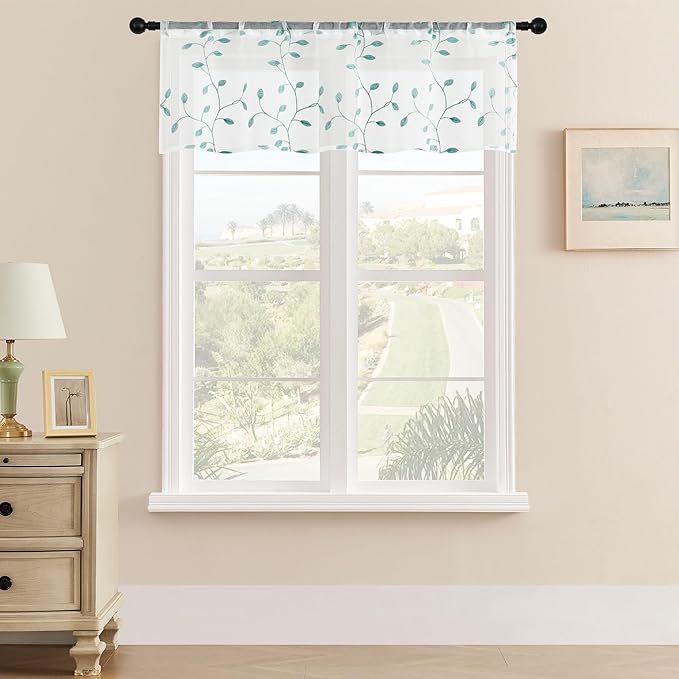 MRTREES Sheer Christmas Curtain Valance, 2 Panels Leaves Embroidered Small Valances Curtains 54x16 Inches, Rod Pocket Short Window Treatment Toppers for Living Room Bedroom Kitchen(Aqua Blue Leaves)