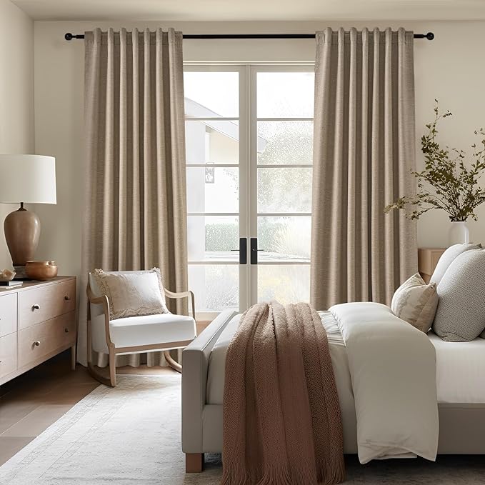 Topfinel Taupe Burlap Linen Blackout Curtains & Drapes 84 Inch Length 2 Panels Set, Flax Linen Brown Tan Beige Room Darkening Soundproof Cabin Curtains with Hooks Rings for Bedroom Living Room
