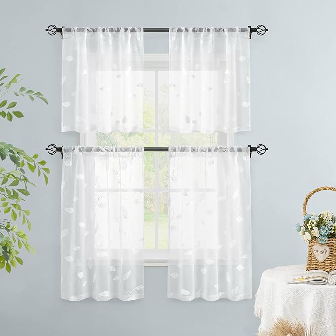 HOMEIDEAS White Sheer Kitchen Curtains 30 X 24 Inch Length 2 Panels Embroidered Leaf Pattern Short Curtains for Small Window Valance Tiers