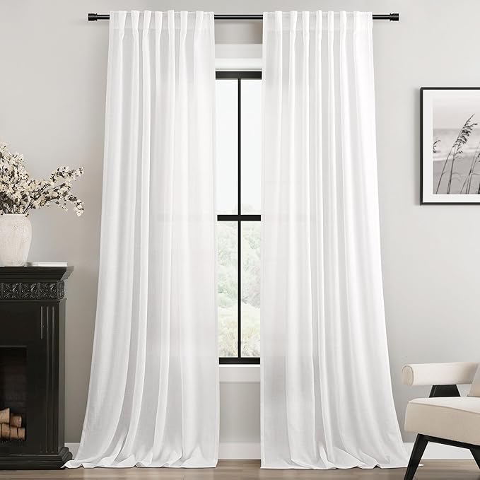 White Curtains 92 inches Long 2 Panels Back Tab Light Filtering Cotton Textured Curtain Modern Farmhouse Coastal Decor Off White Linen Drapes 92 inch Length for Patio Sliding Door Office Bedroom