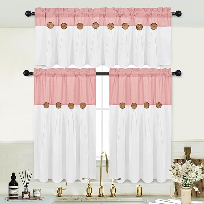 FRAMICS Farmhouse Kitchen Curtains 36 Inch Length, Rustic Cotton Linen Tier Curtains, Boho Button Short Curtain for Windows, Rod Pocket Small Window Curtain, Pink and White, 26x36