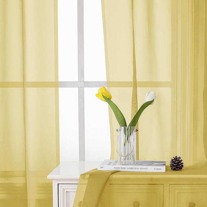 Lecloud Yellow Sheer Curtains 72 Inches Long 2 Panels, Light Filtering Voile Window Drapes for Bedroom Living Room, Dual Rod Pocket Semi Sheer Window Door Decor, 40" W x 72" L