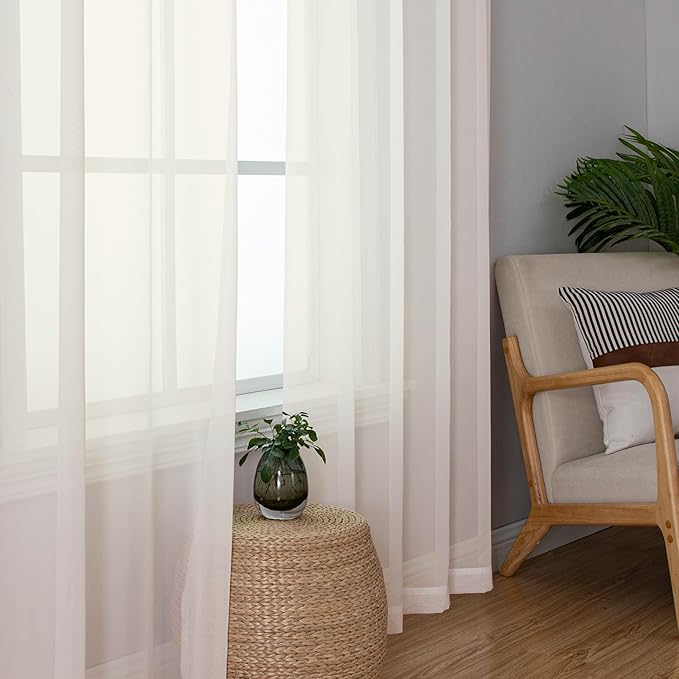 Lecloud Ivory Sheer Curtains 48 Inch Length 2 Pcs, Rustic Farmhouse Curtains with Rod Pockets, Light Filtering Window Solid Drapes for Bedroom Bathroom Basement Living Room, Each Panel 42" W x 48" L